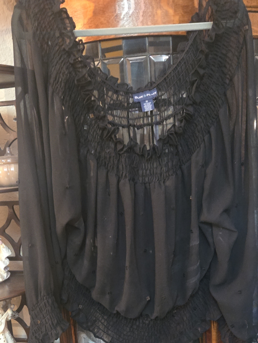 Blue Plate Black Sheer Ruffle-Neck Blouse